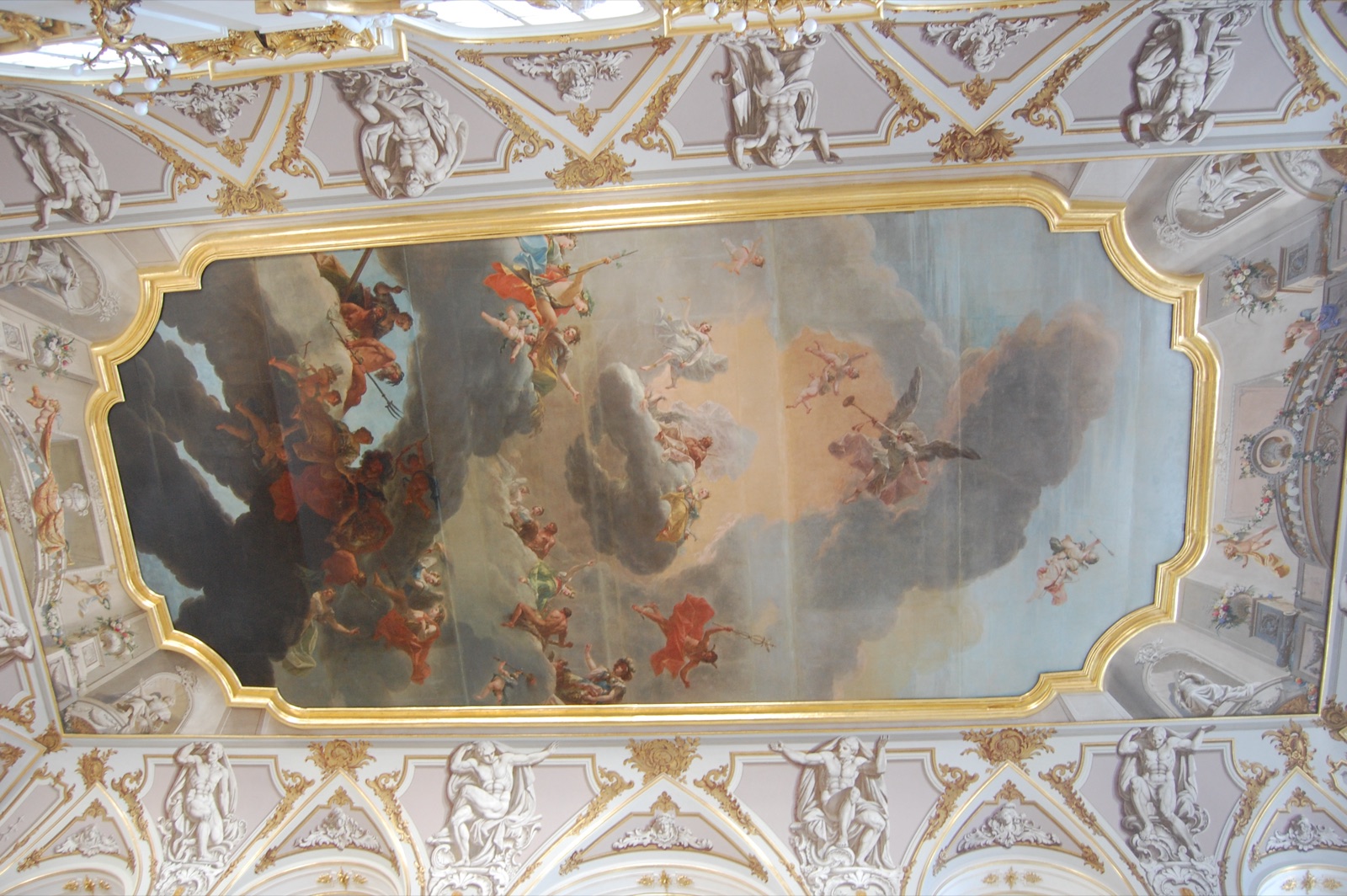 A painted and gilded ceiling in the Hermitage, St Petersburg